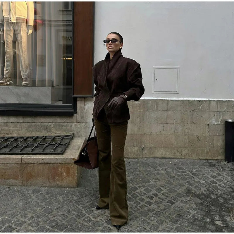 Brown Single Breasted Suede Jacket Women's Fashion