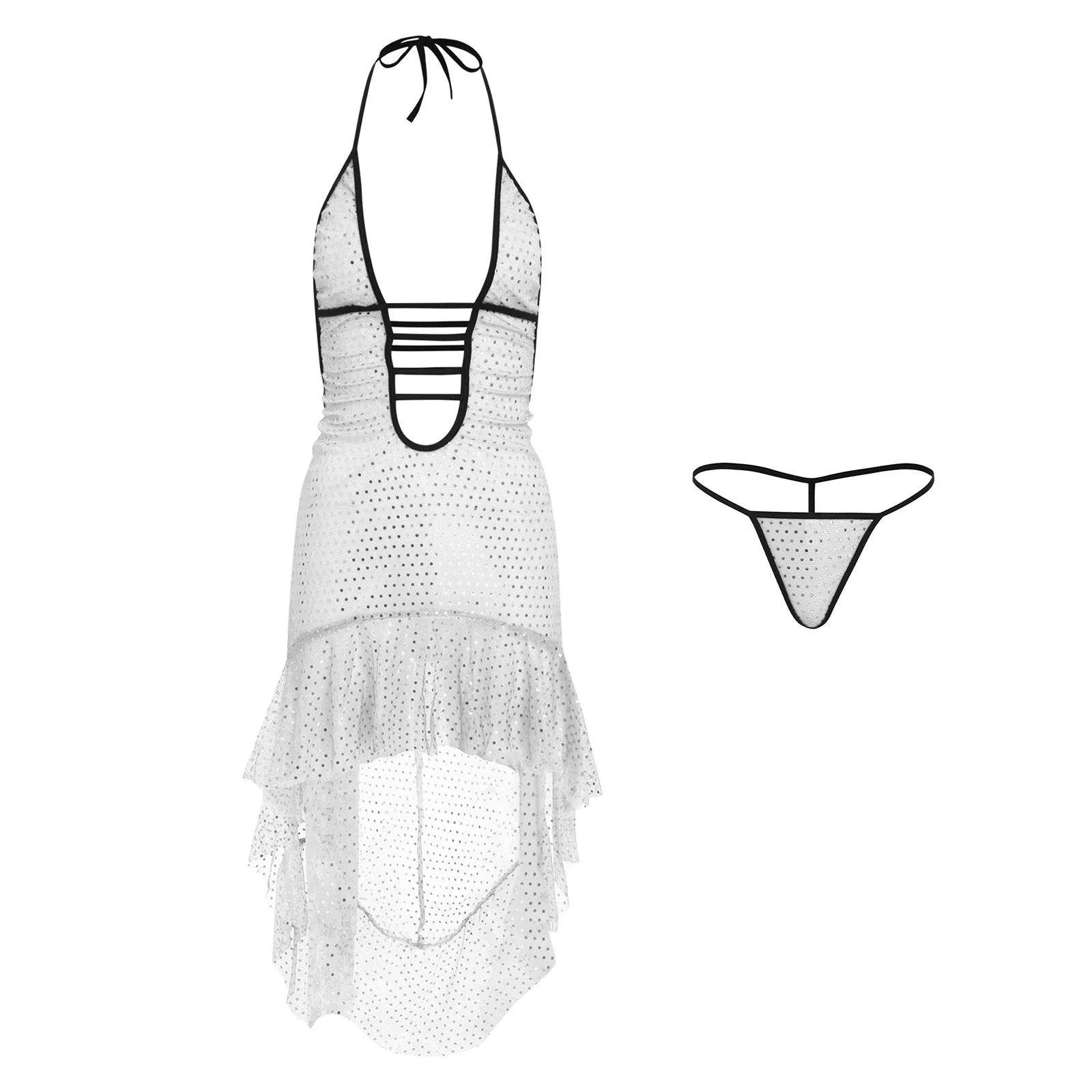 Womens Sexy Dress with T-back Thong Shiny Sequin Bodycon Dress Lace-up Halter Backless Plunge V Neck Ruffled High-low Hem Dress