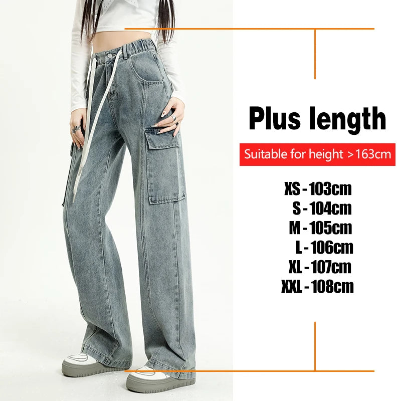 2024 Spring New Vintage Jeans Women's Elastic Waist Fashion Straight Drawstring Baggy Y2k Cargo Pants Streetwear