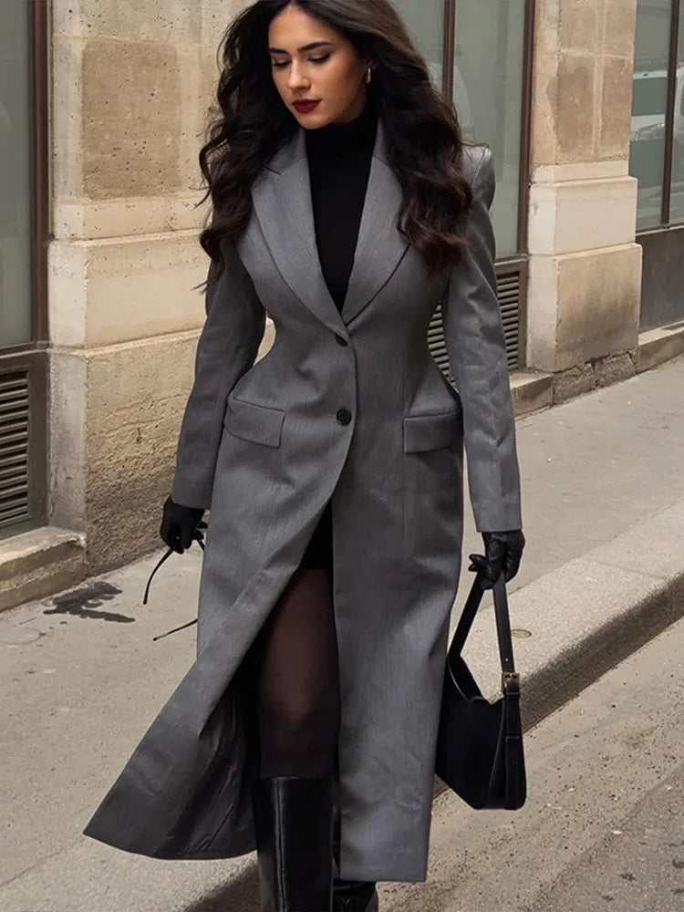 Elegant Solid Blazers Coat Women Gray Long Closed Waist V-neck Single Breasted Loose Coats Female 2025 Autumn Lady Outwears