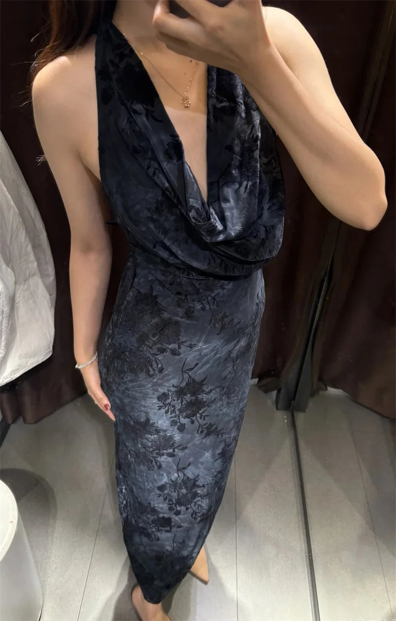 Women's Dress 2025 Autumn New Style Dark Gray Halter Neck Velour Sexy Patterned Dress Elegant and Graceful