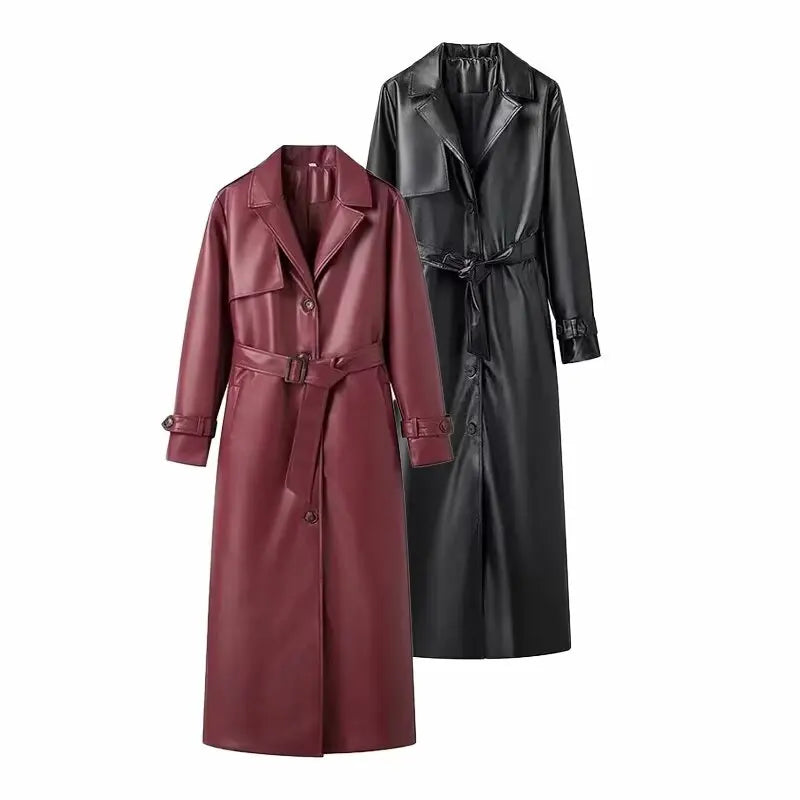 Women Faux Leather Coats Mid Length Jackets Solid Belt