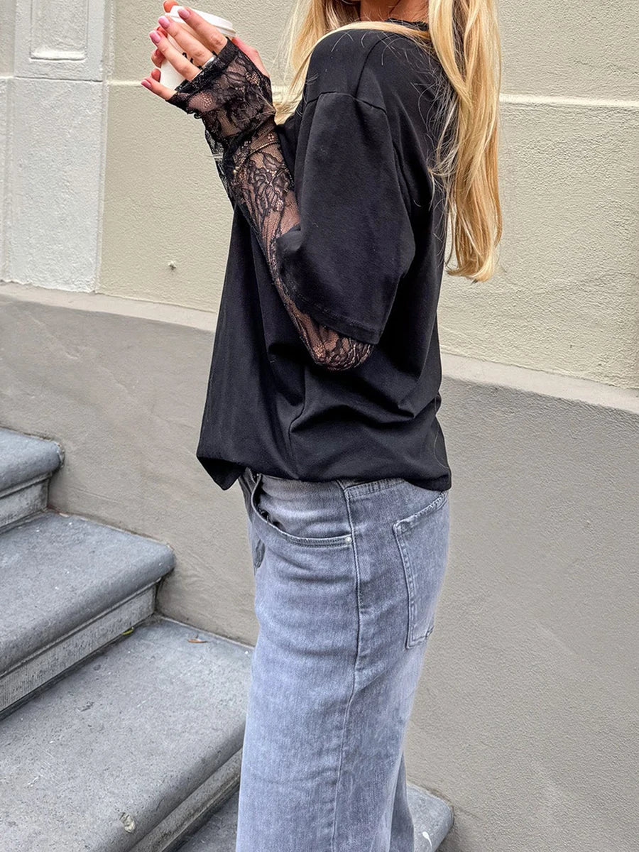 New Fashion Women Round Neck T-Shirts Lace Long Sleeve Casual Shirts Spring Fall Loose Fit Tops Streetwear S M L