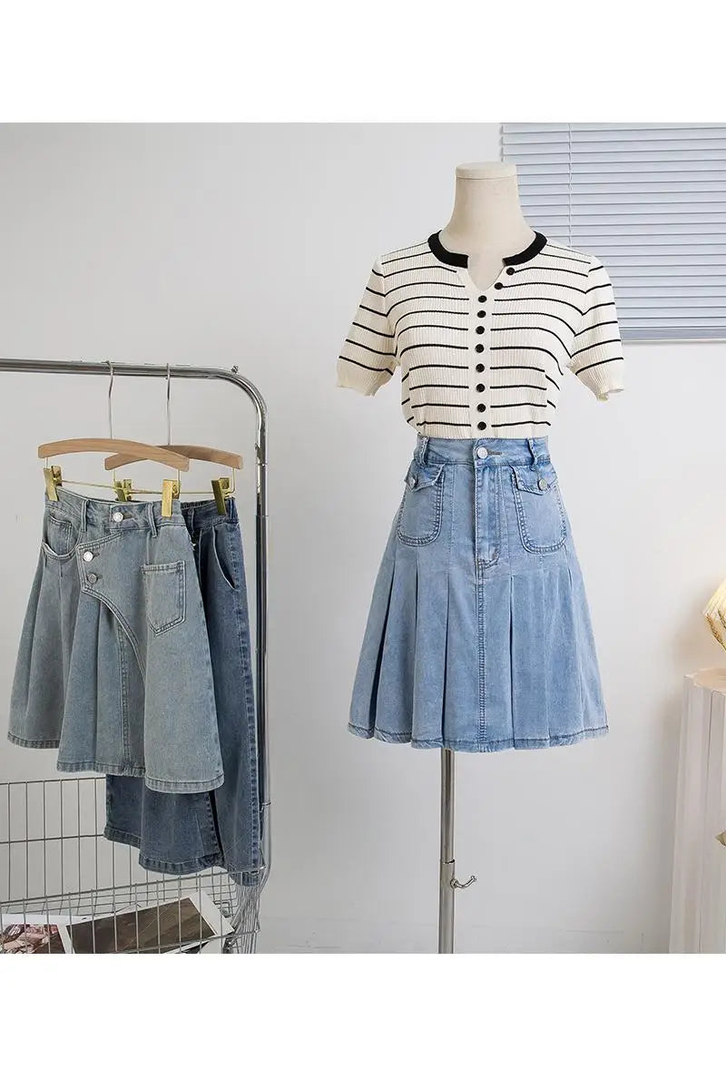 Plus Size Denim A-Line Pleated Skirt