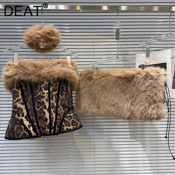 DEAT 2025 Autumn New Women's Three-pieces Set Leopard Print Sequin Fishbone Tank Top High Quality Plush Short Skirts 11A06573