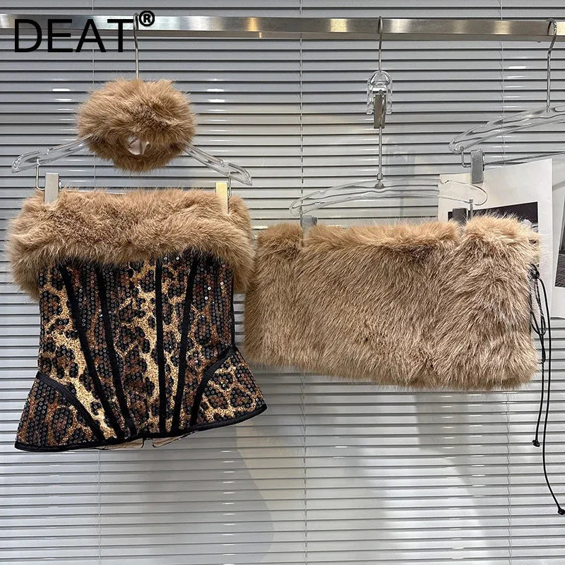 DEAT 2025 Autumn New Women's Three-pieces Set Leopard Print Sequin Fishbone Tank Top High Quality Plush Short Skirts 11A06573