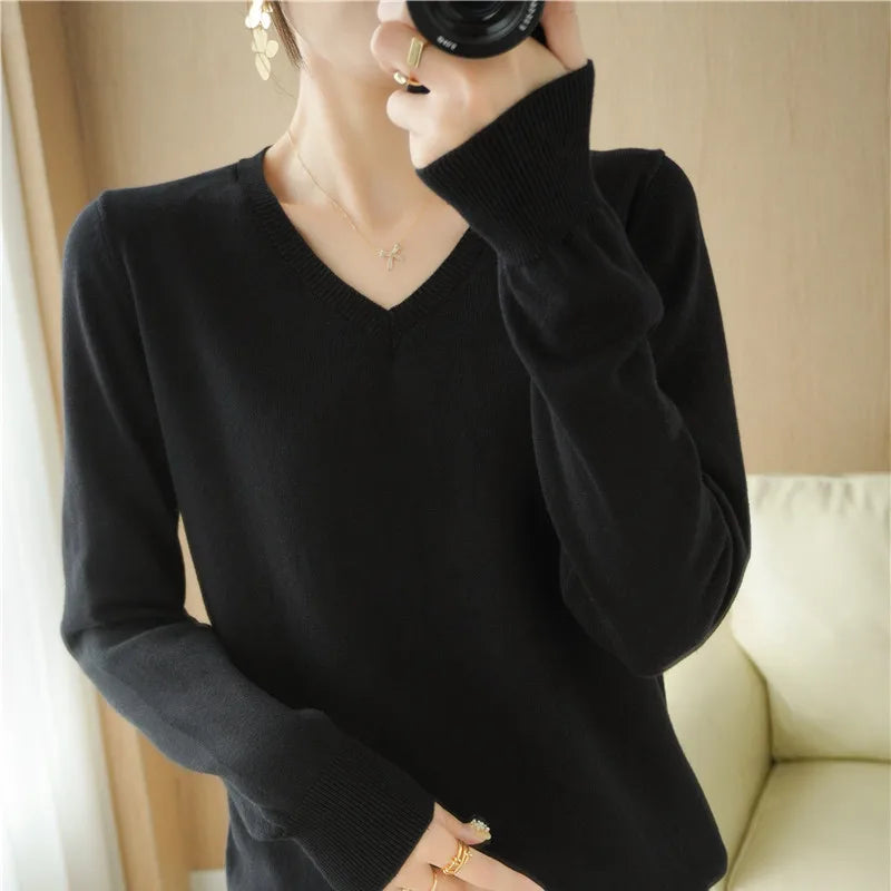 Peach V-Neck Knitted Sweater for Women