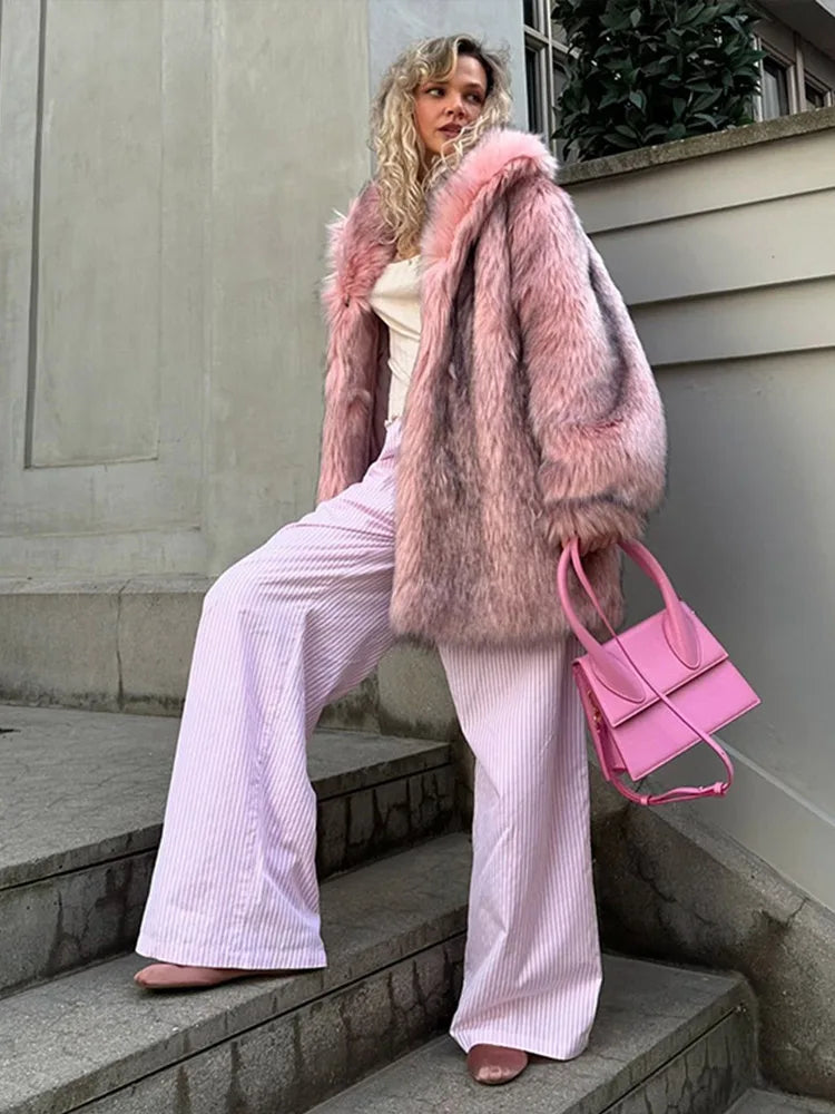 Retro Lapel Rose Red Faux Fur Coats Women