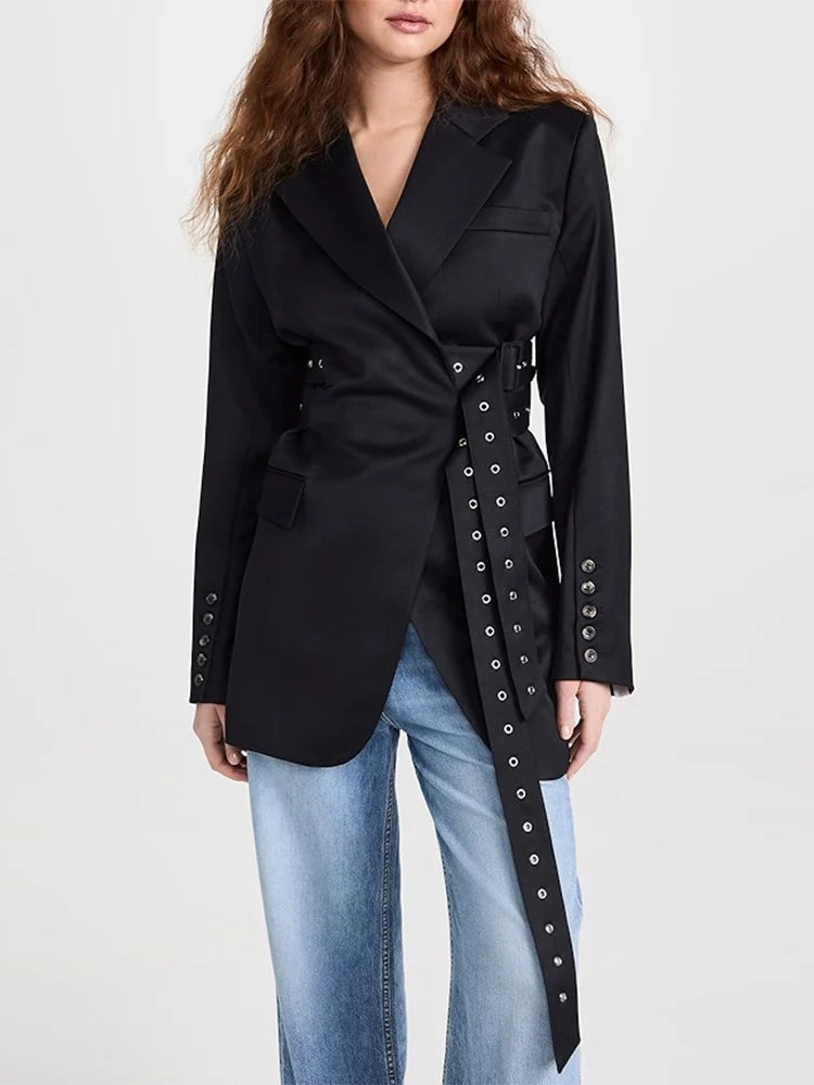 VGH Fashion Patchwork Belts Blazers For Women Notched Collar Long Sleeve Hit Color Casual Temperament Blazer Female Fashion New