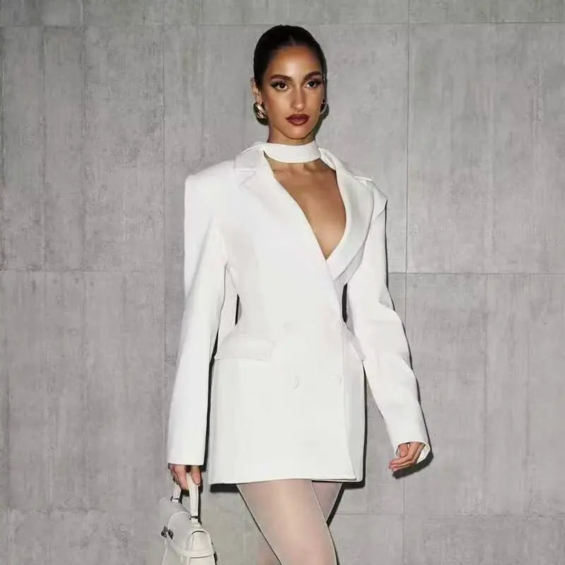 Elegant Pure Color Fashion Deep V-neck Waist-cinched Suit Dress
