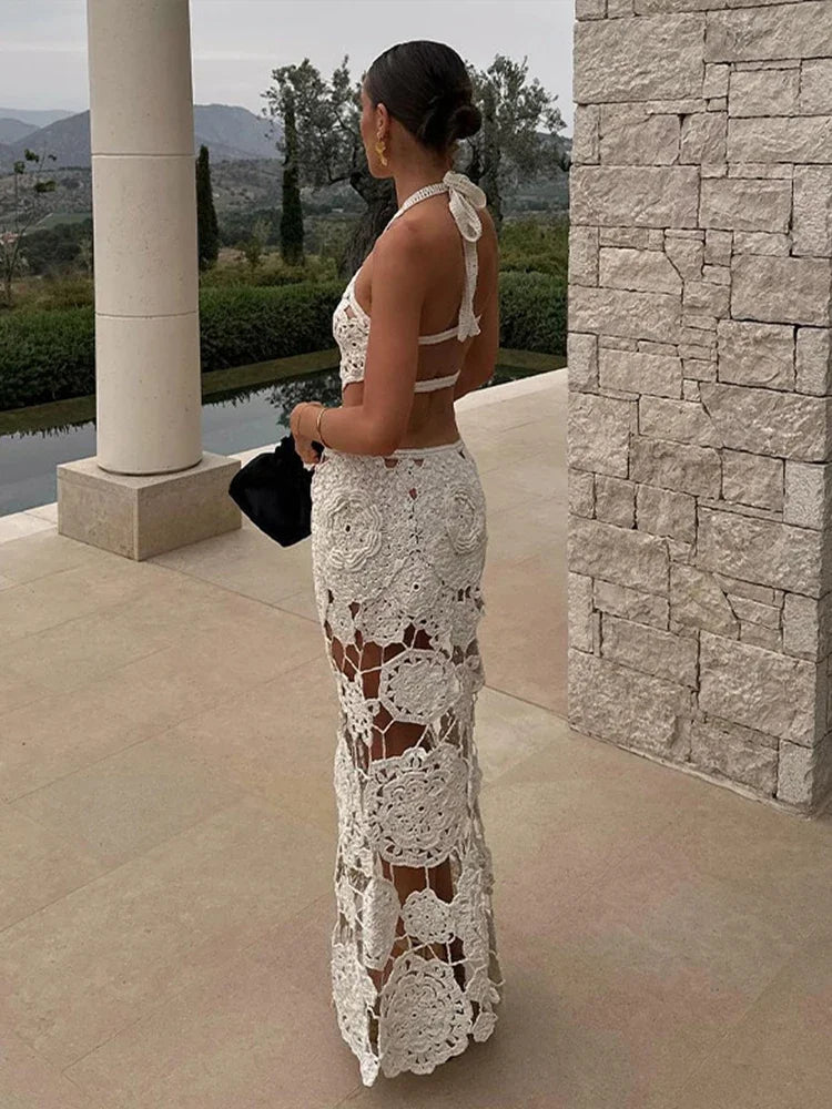 Chic Flower Halter Knitted Dress For Women Sexy