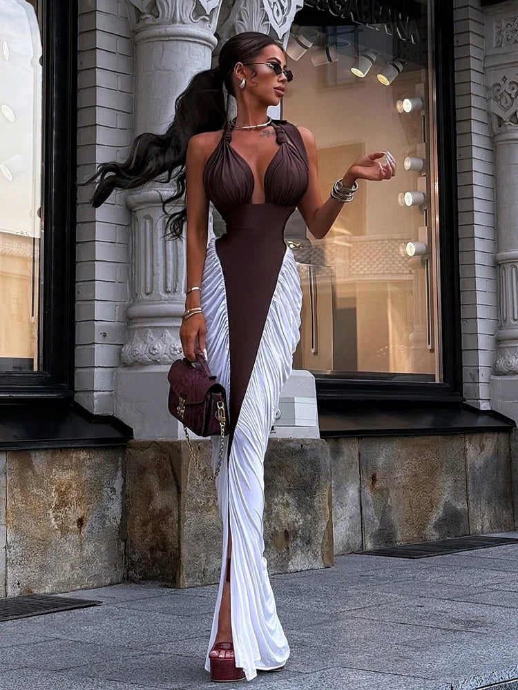 Kliou Ruched Elegant Long Dress Woman Halter Low-Neck Backless Contrast Patchwork Robe Midnight Banquet Party Classic Vestidos