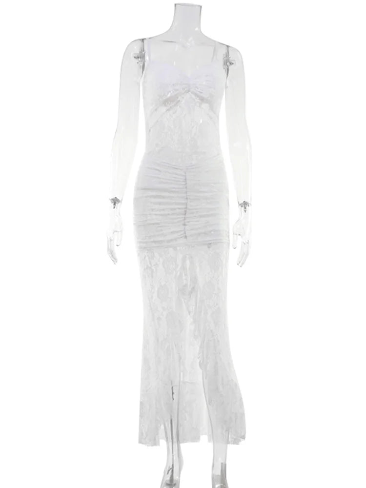 CNYISHE Lace Sheer Camisoles Solid Split V Neck Sheath Women Dresses
