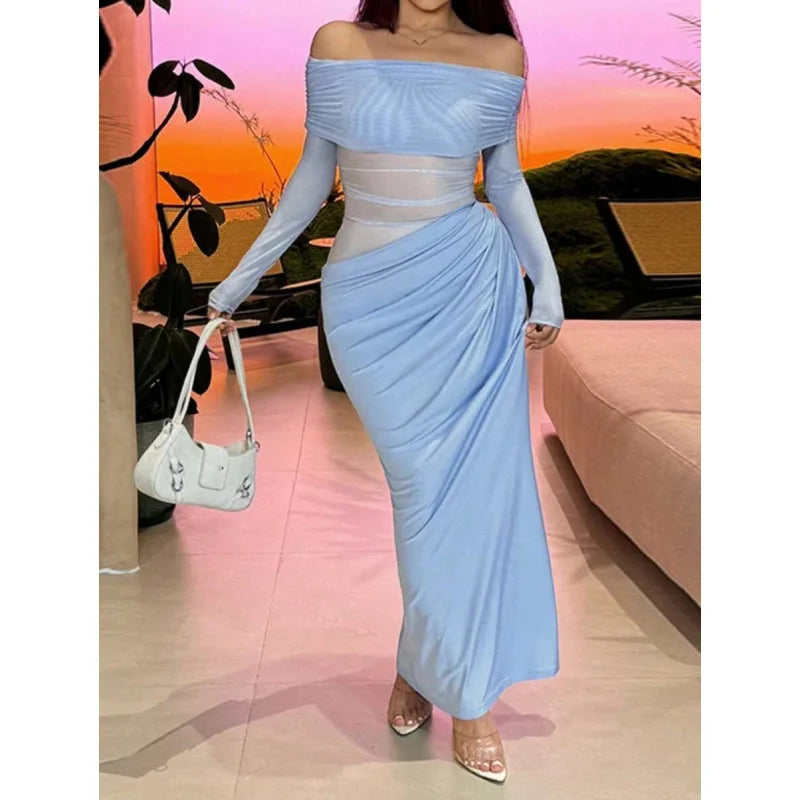 Sheer Maxi Dress U 42810 Mesh Patchwork Strapless Gown