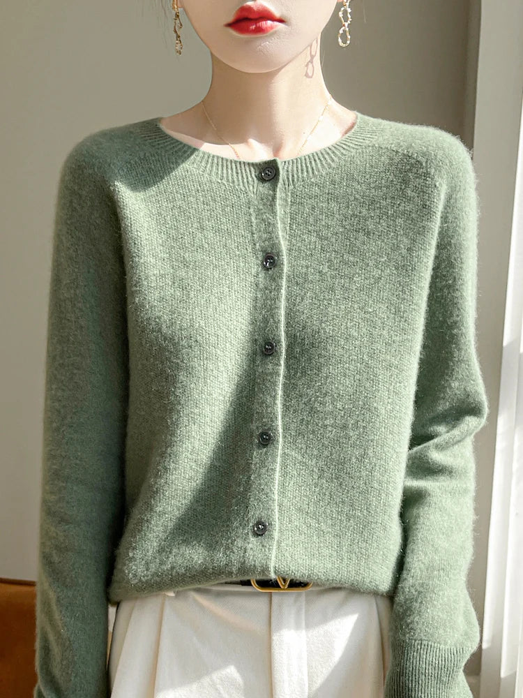 ADDONEE Women's Merino Wool O-Neck Cardigan