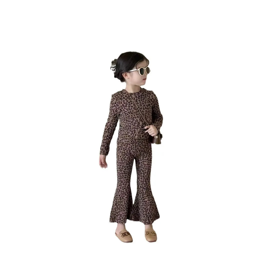 Girls Long-Sleeved Leopard Two-Piece Set