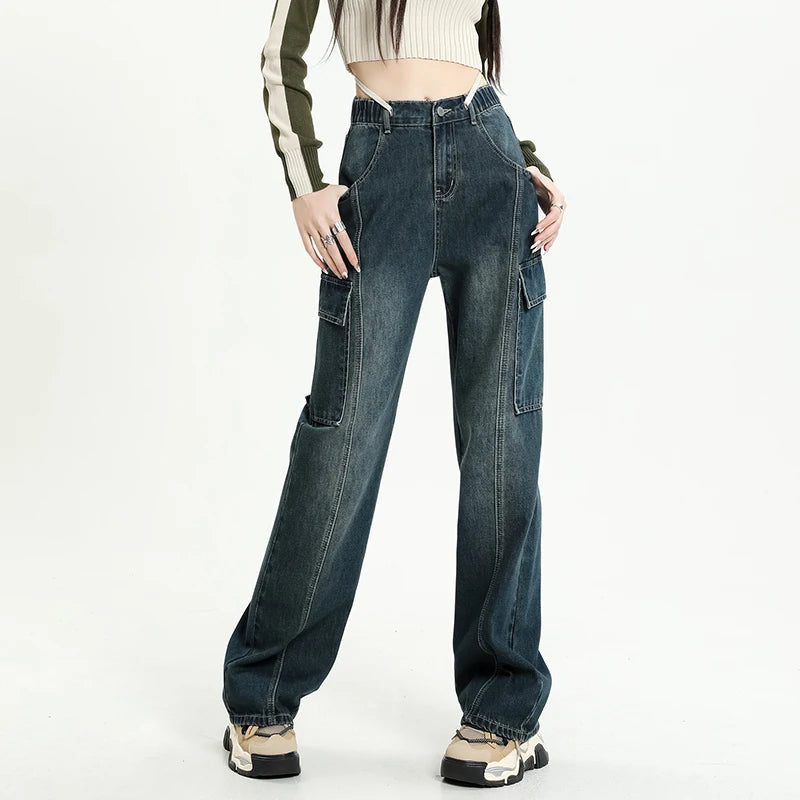 2024 Spring New Vintage Jeans Women's Elastic Waist Fashion Straight Drawstring Baggy Y2k Cargo Pants Streetwear