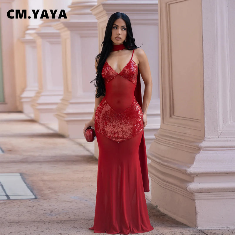 CM.YAYA Women Sleeveless Strap V-neck Mesh Sequin Long Maxi Dress