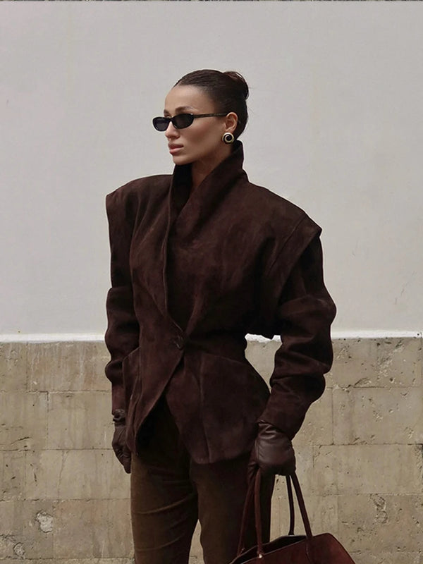 Brown Single Breasted Suede Jacket Women's Fashion Full Sleeve Buckle Lapel Slim Shoulder Pad Coat Lady High Streetwear 2025 New
