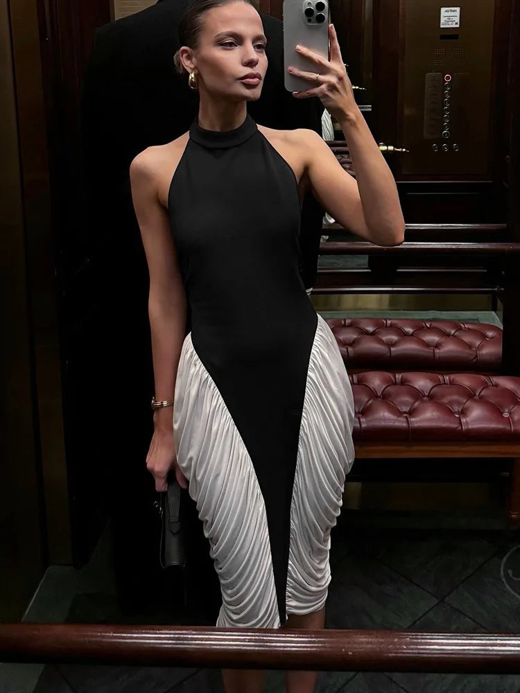 Tossy Pleated Contrast Backless Long Dress Women Sleeveless Patchwork High Waist Halter Sexy Party Dress Female Bodycon Dress
