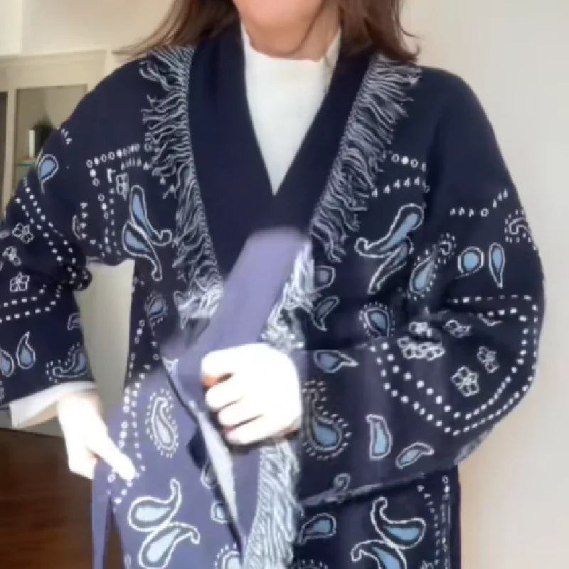 Tassel Patchwork Printed Cardigan Women Geometric Patterns Belts