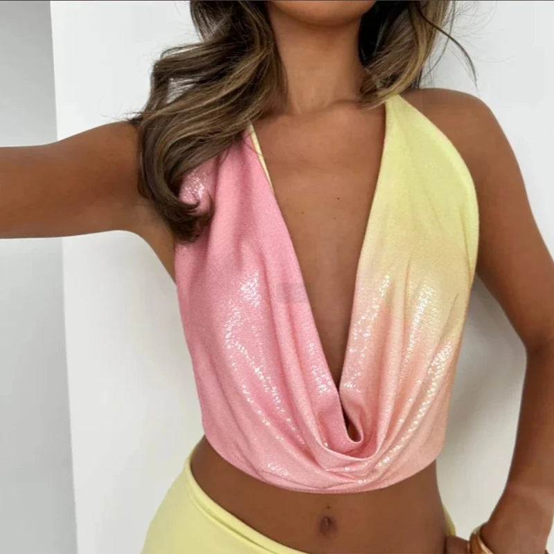 Sequins Tank Top Mini Skirt Sets Women Halter Backless Deep V-neck Lace Up Vest