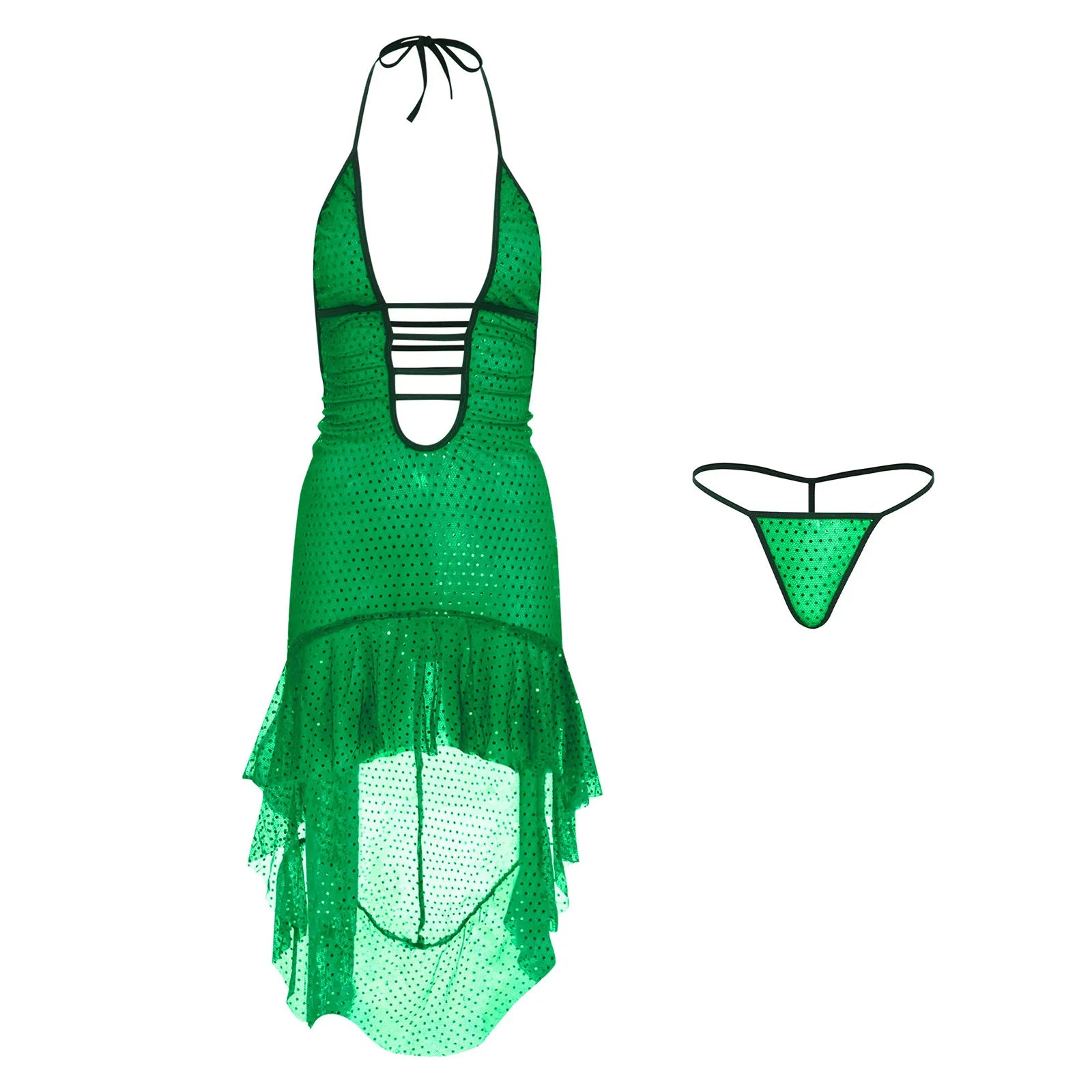 Womens Sexy Dress with T-back Thong Shiny Sequin Bodycon Dress Lace-up Halter Backless Plunge V Neck Ruffled High-low Hem Dress