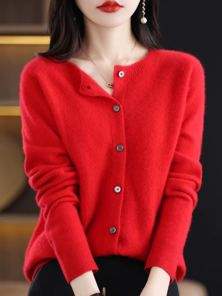 Chic Women's O-Neck Merino Wool Cardigan