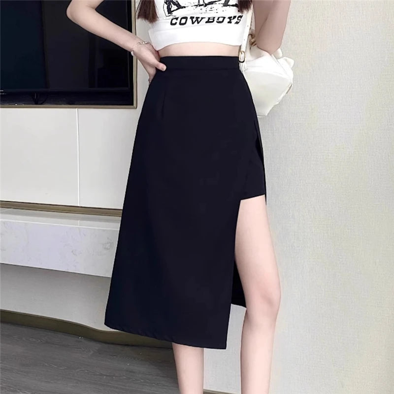 High-Waist Irregular Slit Black Skirt for Women