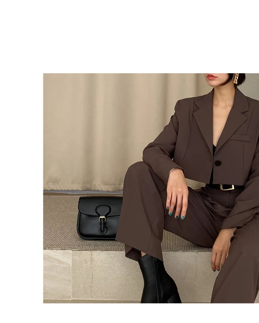 Chic Retro Lapel ort One Button Suit Jaet High Waist Wide Leg Pants