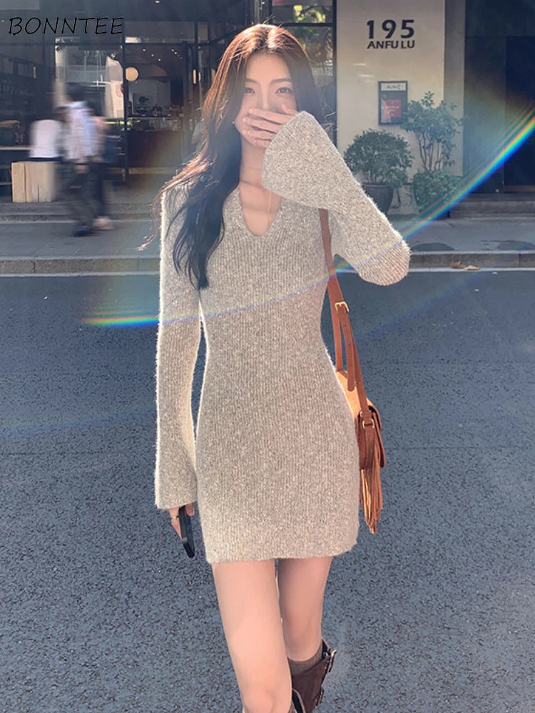 Knitting Sexy Dress for Women Slim Casual Flare Sleeve Gentle Hotsweet Warm Fashion Inner Clothing Autumn Winter Vestidos Soft