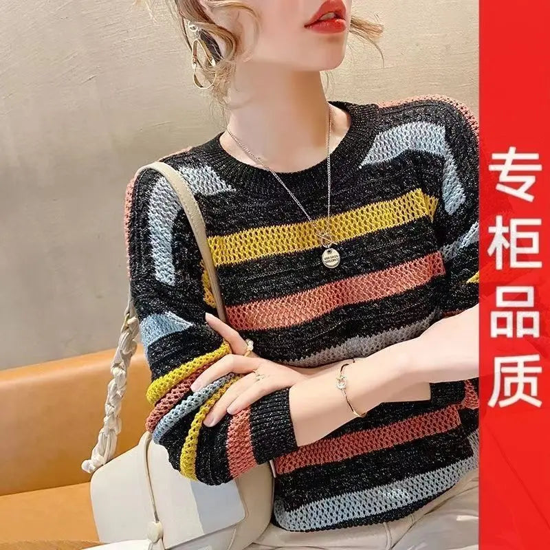 Hollow Striped Cropped Knit Top for Women