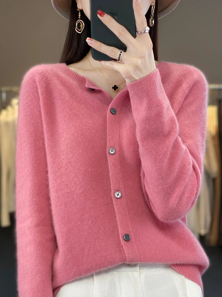 Chic Women's O-Neck Merino Wool Cardigan