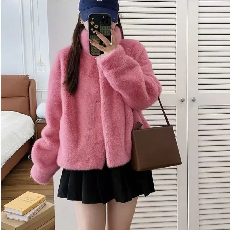Women Fashion Stand Collar Mink Fur Top Female Long Sleeves