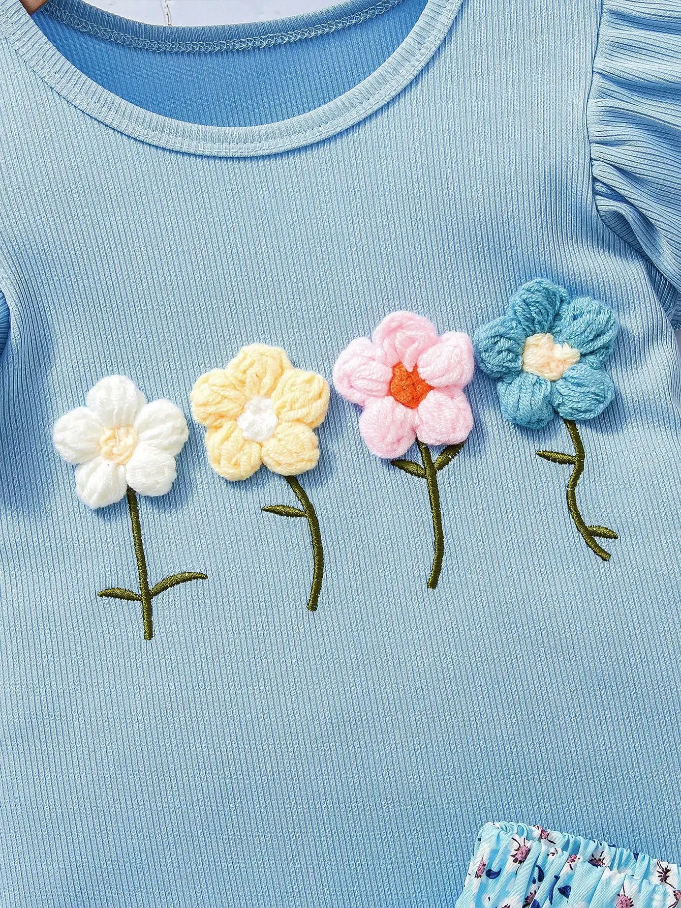 Girl's Blue 3D Floral Tee & Ruffled Skirt Set