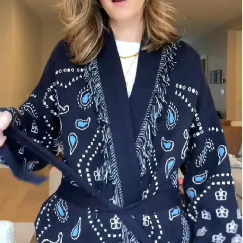 Tassel Patchwork Printed Cardigan Women Geometric Patterns Belts