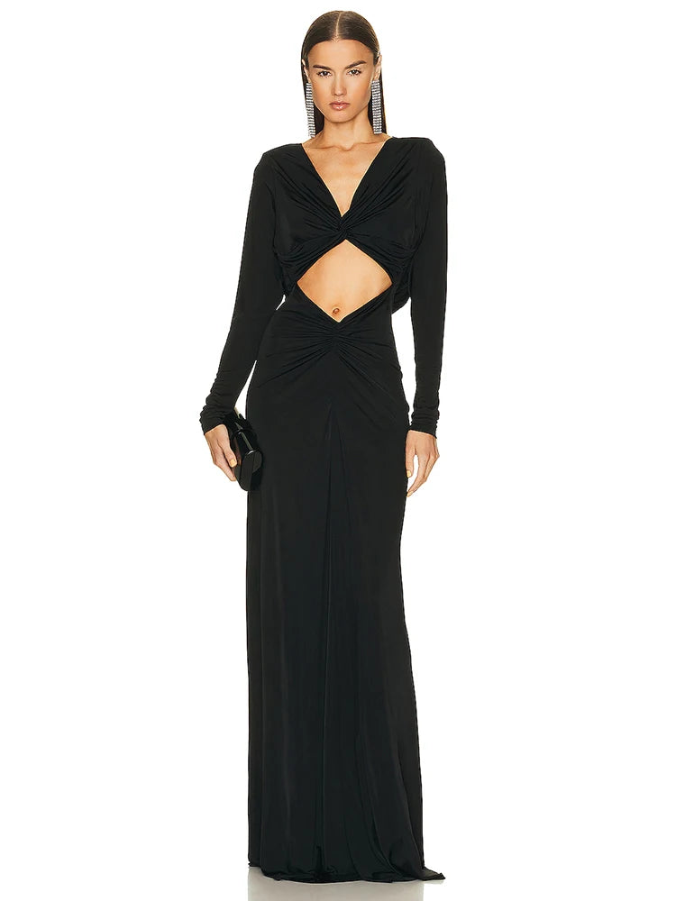 VC Birthday Party Dresses For Women Special Events Sexy V Neck Waist Hollow Out Design Long Sleeves Black Gowns