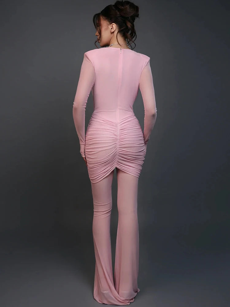 Mozision Deep V Neck Long Sleeve Sexy Jumpsuits Women Autumn Winter Patchwork See Through Ruched Club Party Jumpsuit Female