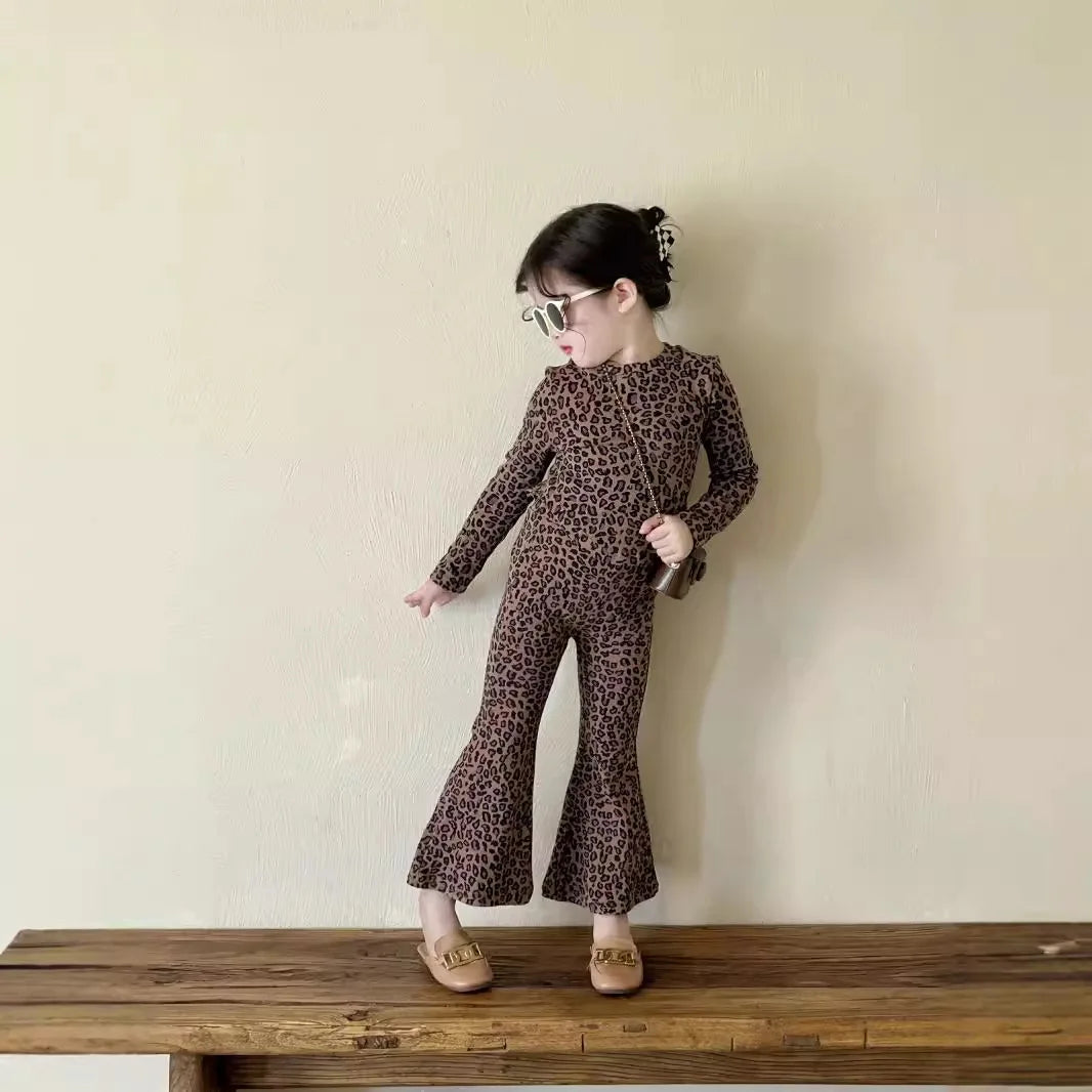 Girls Long-Sleeved Leopard Two-Piece Set