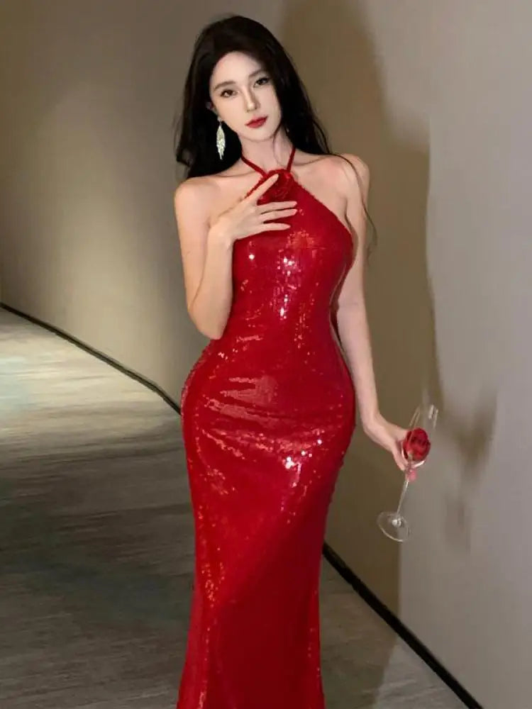 Summer Red Sequined Women's Halter Neck Dresses Fashion Backless Bandage Dress Sexy Party Female Birthday Evening Long Dress New