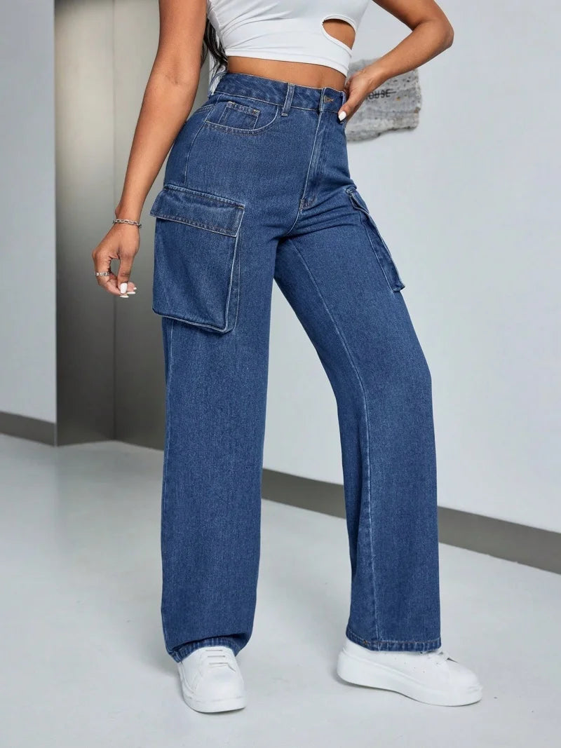 Streetwear Cargo Jeans Autumn Clothing Women High Waist Big Pockets Straight Jeans Female Casual Denim Trousers Basic Jean Pants