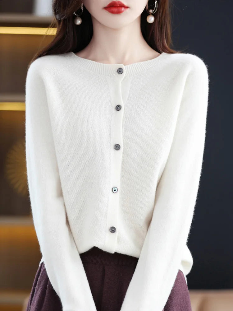 Chic Women's O-Neck Merino Wool Cardigan