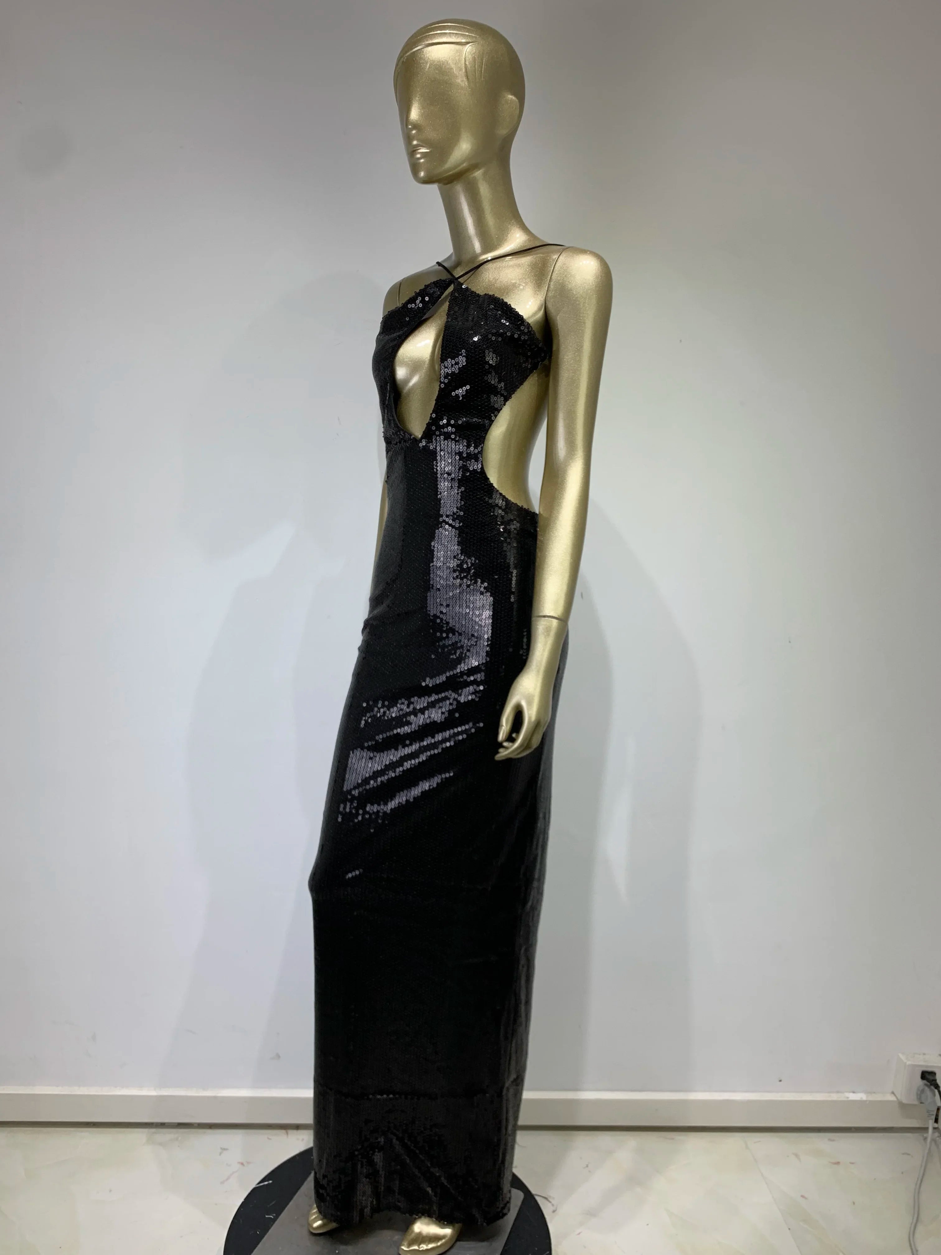 Women Summer Luxury Sexy Strap with Open Back Black Hollow Mesh Shining Long Dress Elegant Celebrity Evening Club Dress