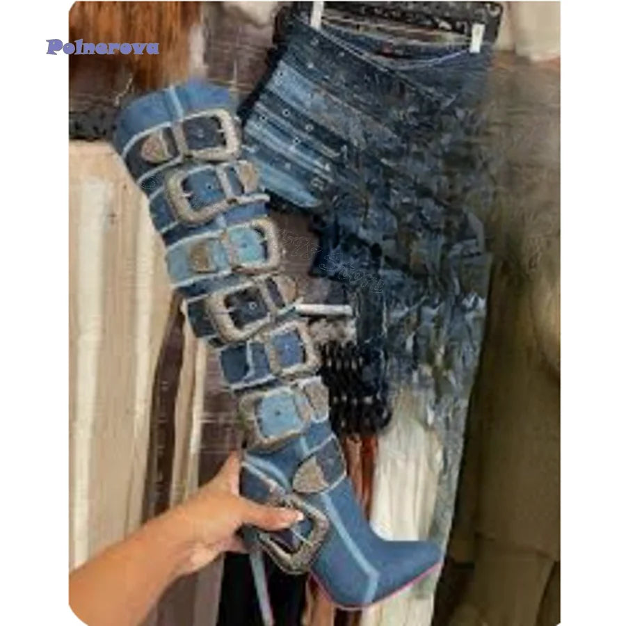 Punk Buckle Denim High Heel Boots,Pointed