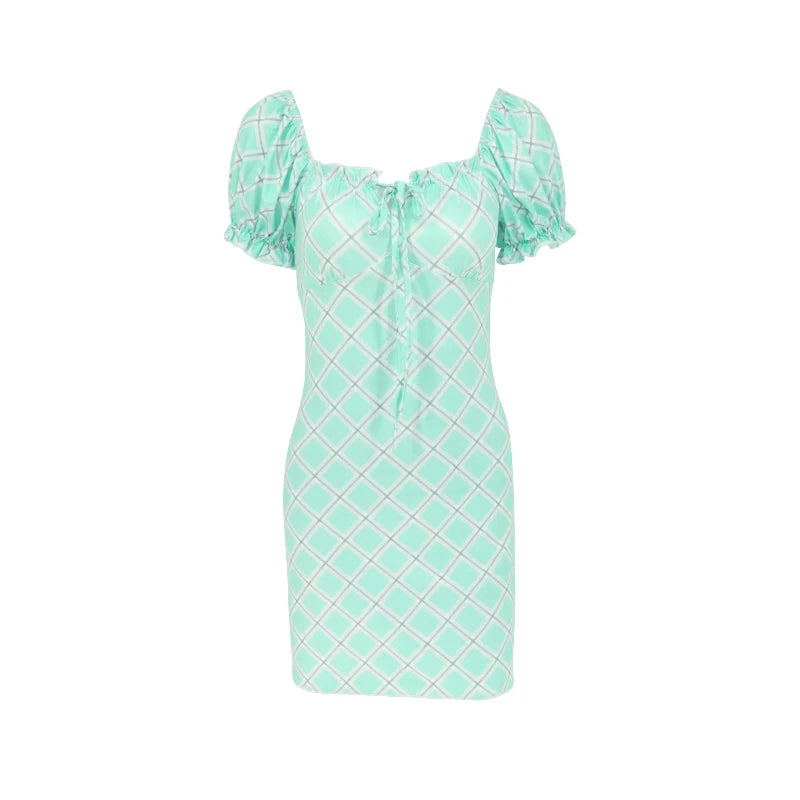 Women Sexy Dresses New Summer Streetwear Green Fashion Print Plaid Short Sleeve Mini Dress Club Party Female Elegant Tank Dress