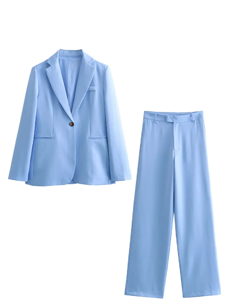 HH Woman Suit Blue Turn-Down Collar Long Sleeves Pockets Single Button+Mid Waist Pockets Zipper Wide Leg Pants Female Sets