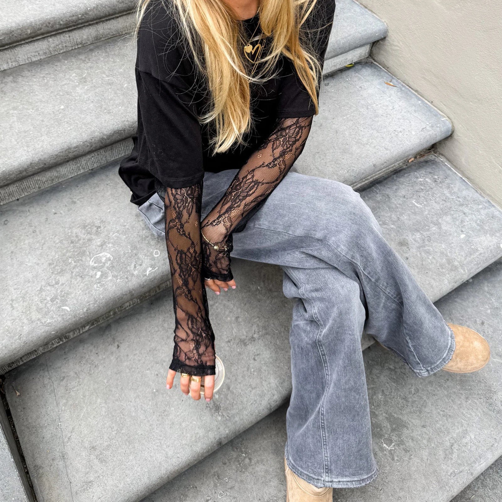 Women Round Neck T-Shirts Lace Long Sleeve Casual Shirts Spring Fall Loose Fit Tops Streetwear