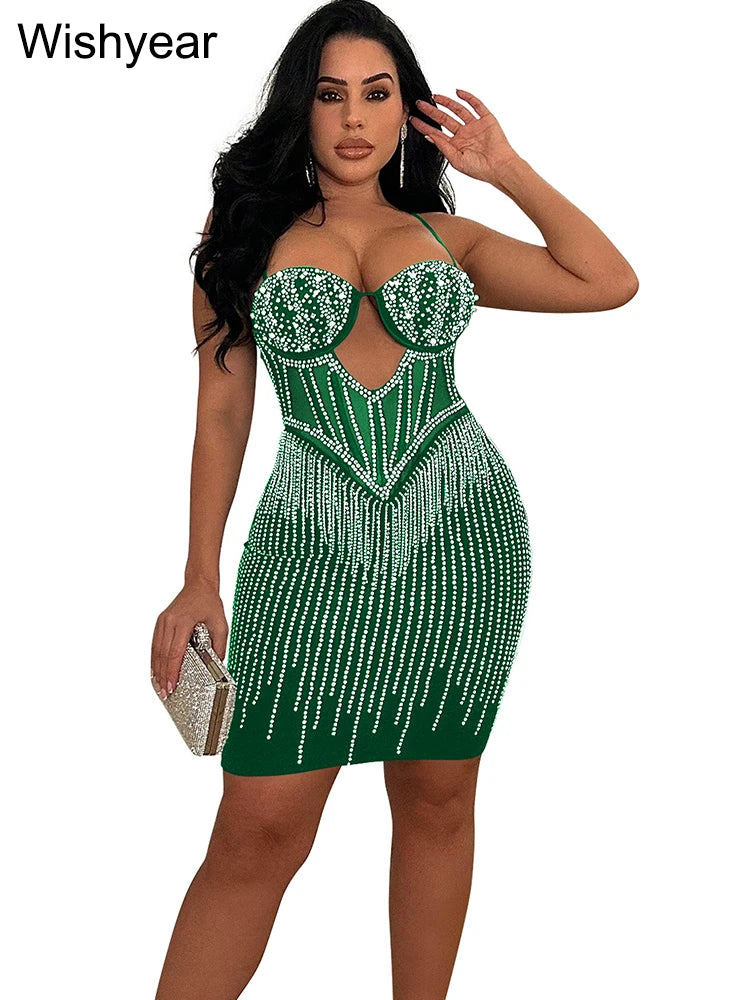 Elegant Evening Birthday Party Dresses for Women Halter Neck Mesh Patchwork Diamonds Rhinestones Prom Club Bodycon Midi Vestidos