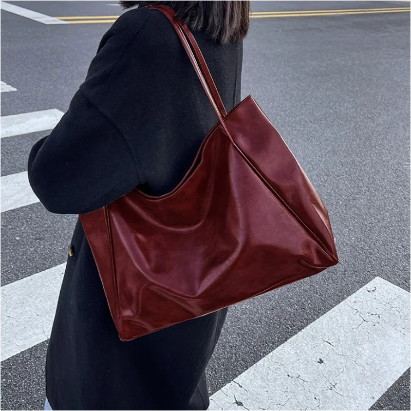 Vintage Red Leather Tote Shoulder Bag