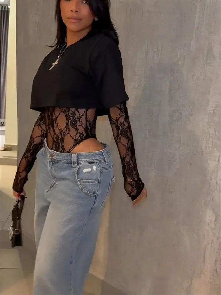 Weird Puss Sexy Women Crop Top+Lace Jacquard Full Sleeve Bodysuit Hottie Street Clubwear Slim Wild Matching Basic Skinny Tees